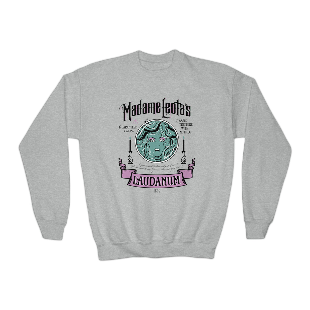Madame Leota’s Laudanum Teal Gildan Youth Crewneck Sweatshirt