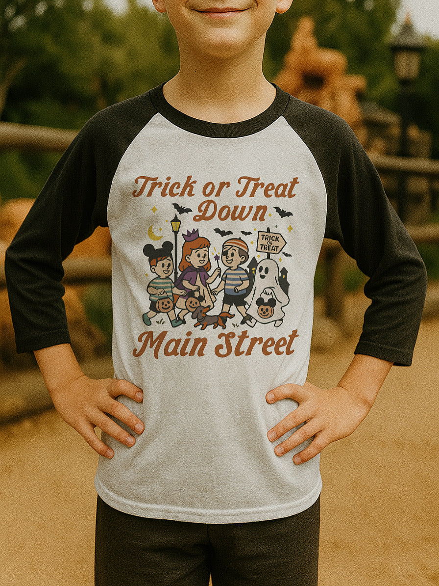 Trick or Treat Down Main Street Bella Canvas Toddler 3/4-Sleeve Baseball T-Shirt
