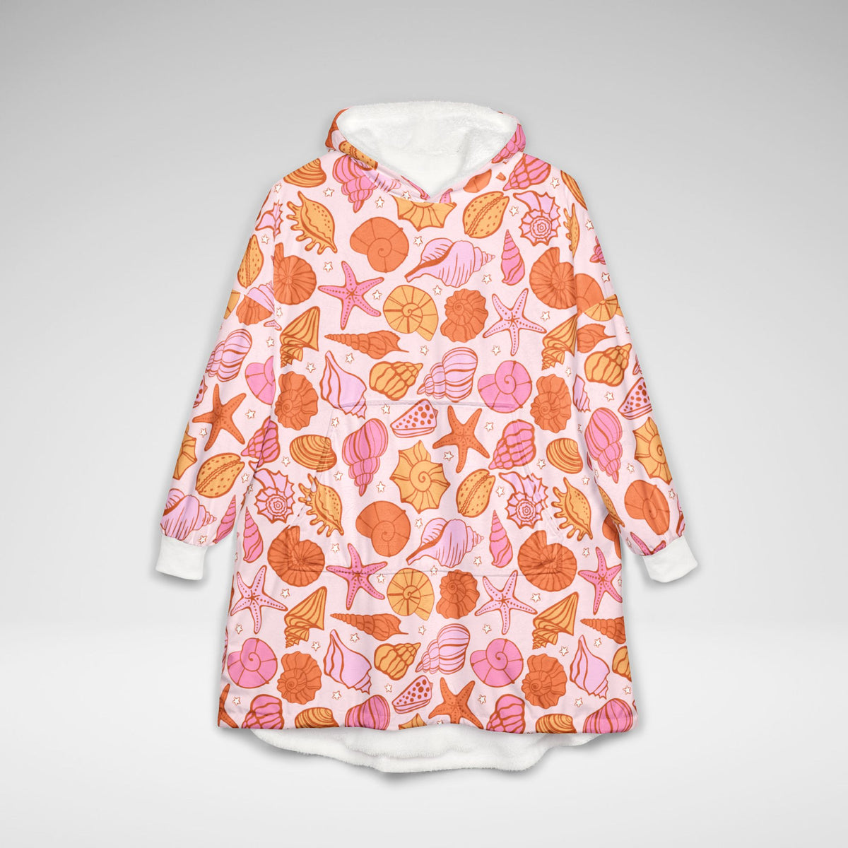 Seashell Print Wearable Blanket Hoodie | Little Mermaid Inspired Oversized Fleece Sherpa Pullover | Pink Cozy Lounge Hoodie