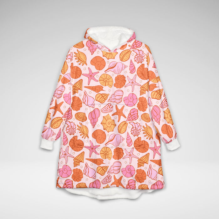 Seashell Print Wearable Blanket Hoodie | Little Mermaid Inspired Oversized Fleece Sherpa Pullover | Pink Cozy Lounge Hoodie