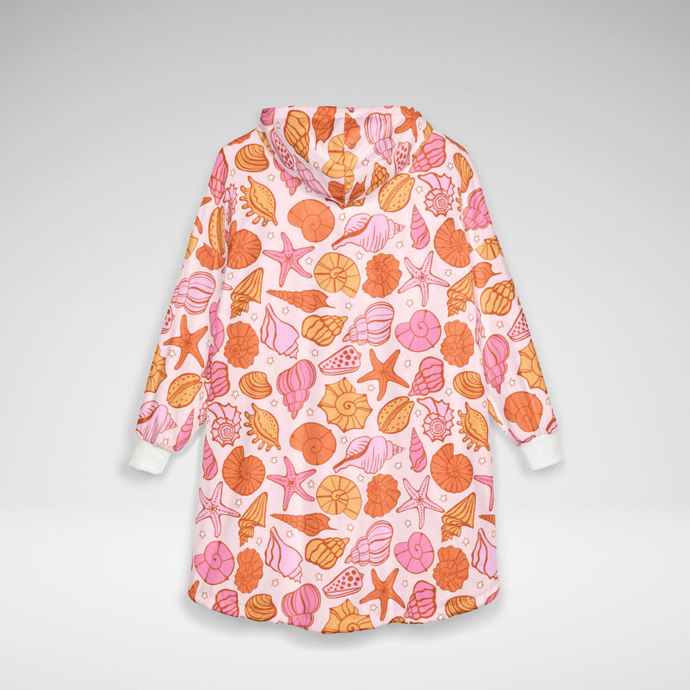 Seashell Print Wearable Blanket Hoodie | Little Mermaid Inspired Oversized Fleece Sherpa Pullover | Pink Cozy Lounge Hoodie