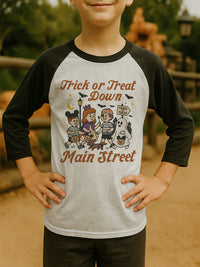 Trick or Treat Down Main Street Bella Canvas Toddler 3/4-Sleeve Baseball T-Shirt